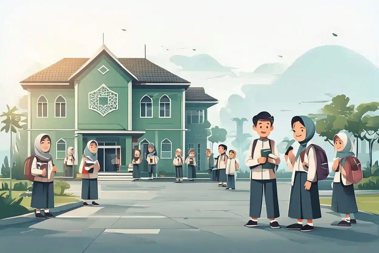 Ilustrasi SMP Islam unggulan di Jogja dengan suasana belajar Islami dan modern