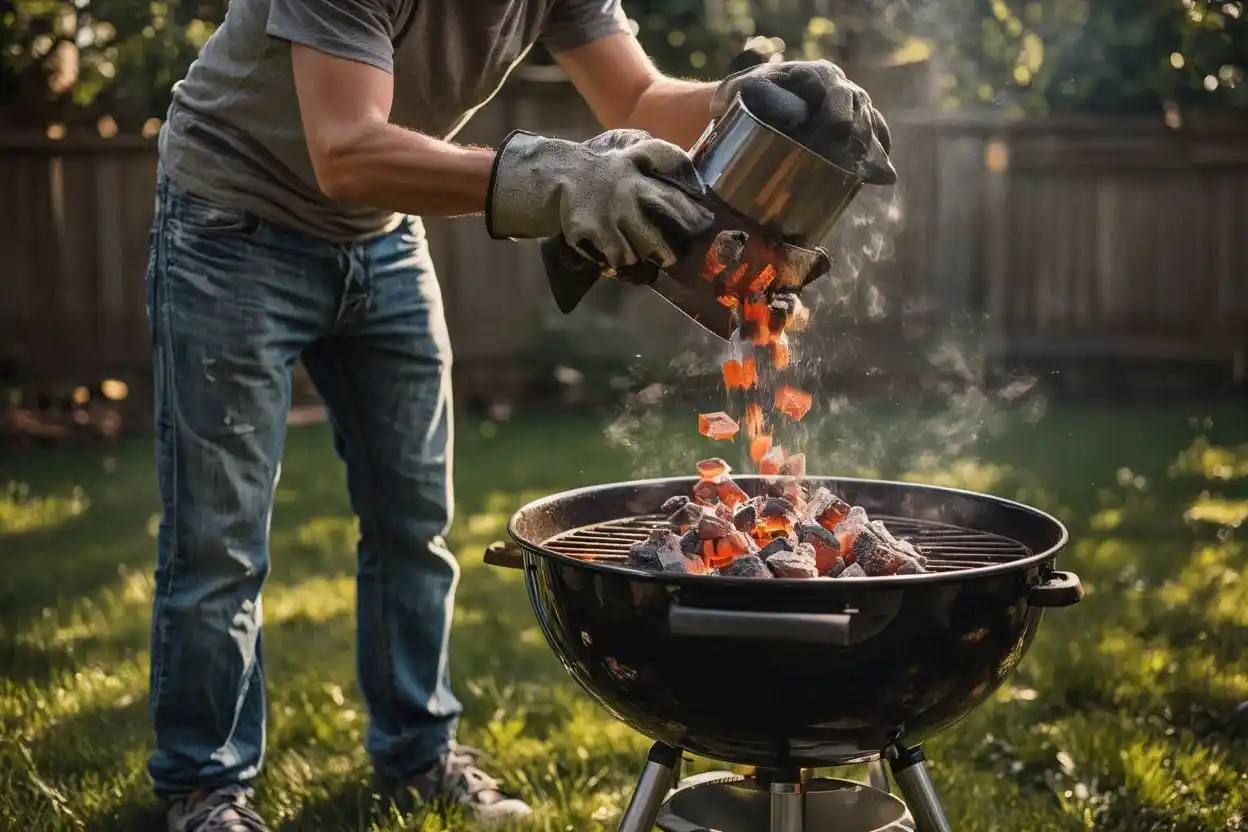 first time charcoal grilling setup with kettle grill and chimney starter in backyard