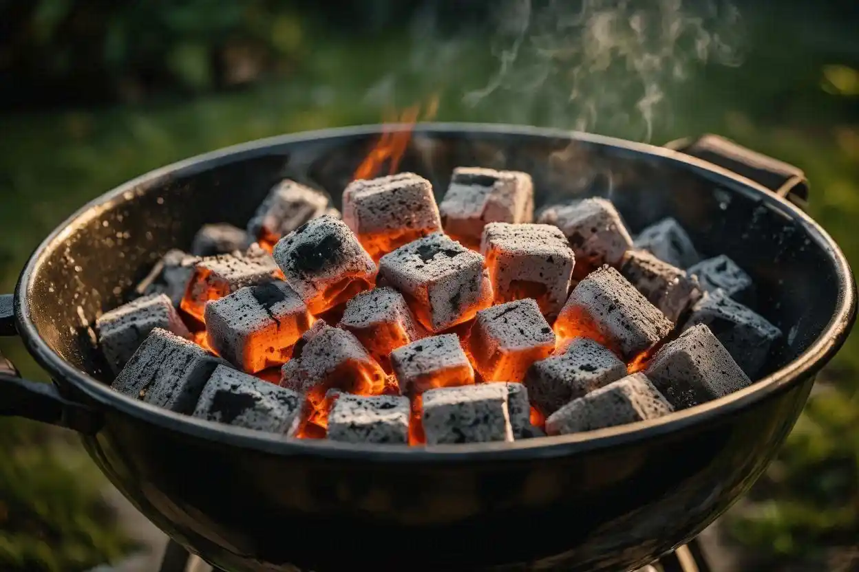 coconut charcoal cube energy output glowing orange inside kettle grill