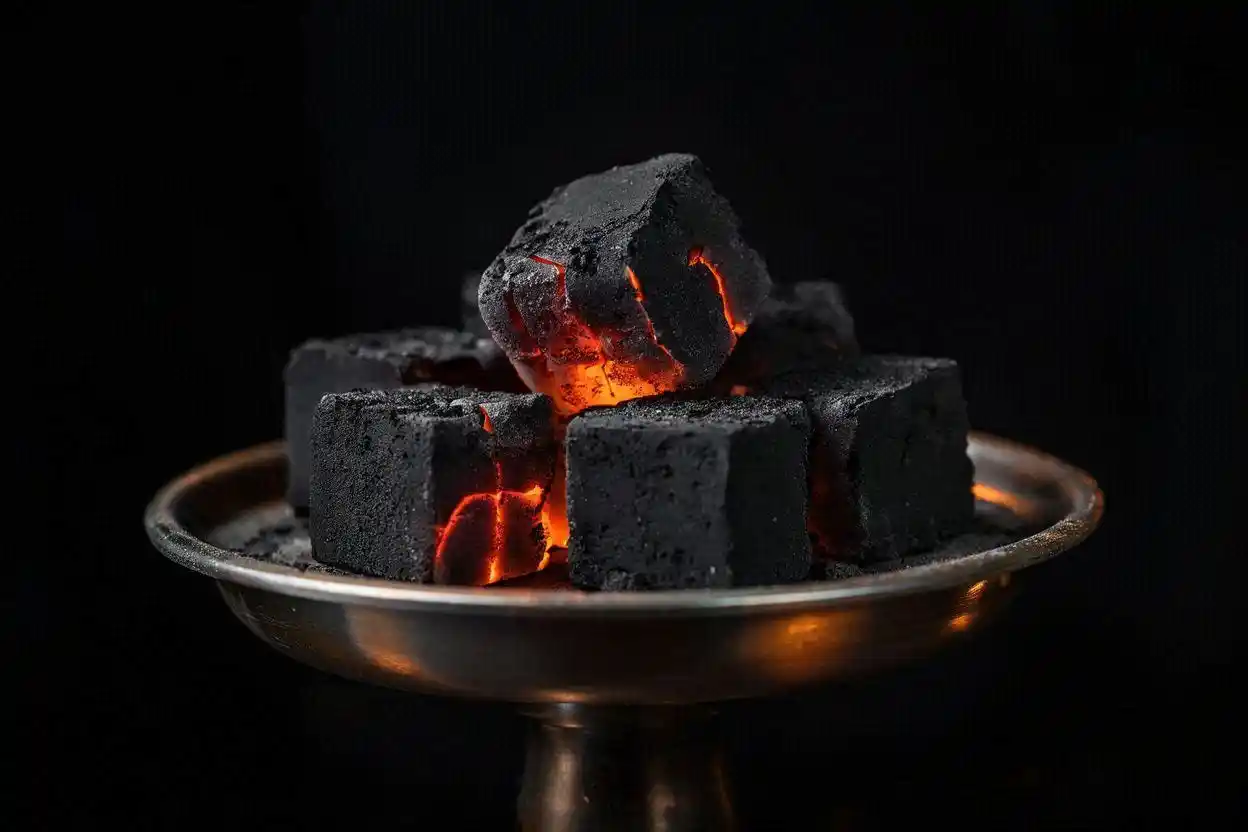 high energy coconut charcoal cubes glowing with orange and red embers on a hookah heat management device