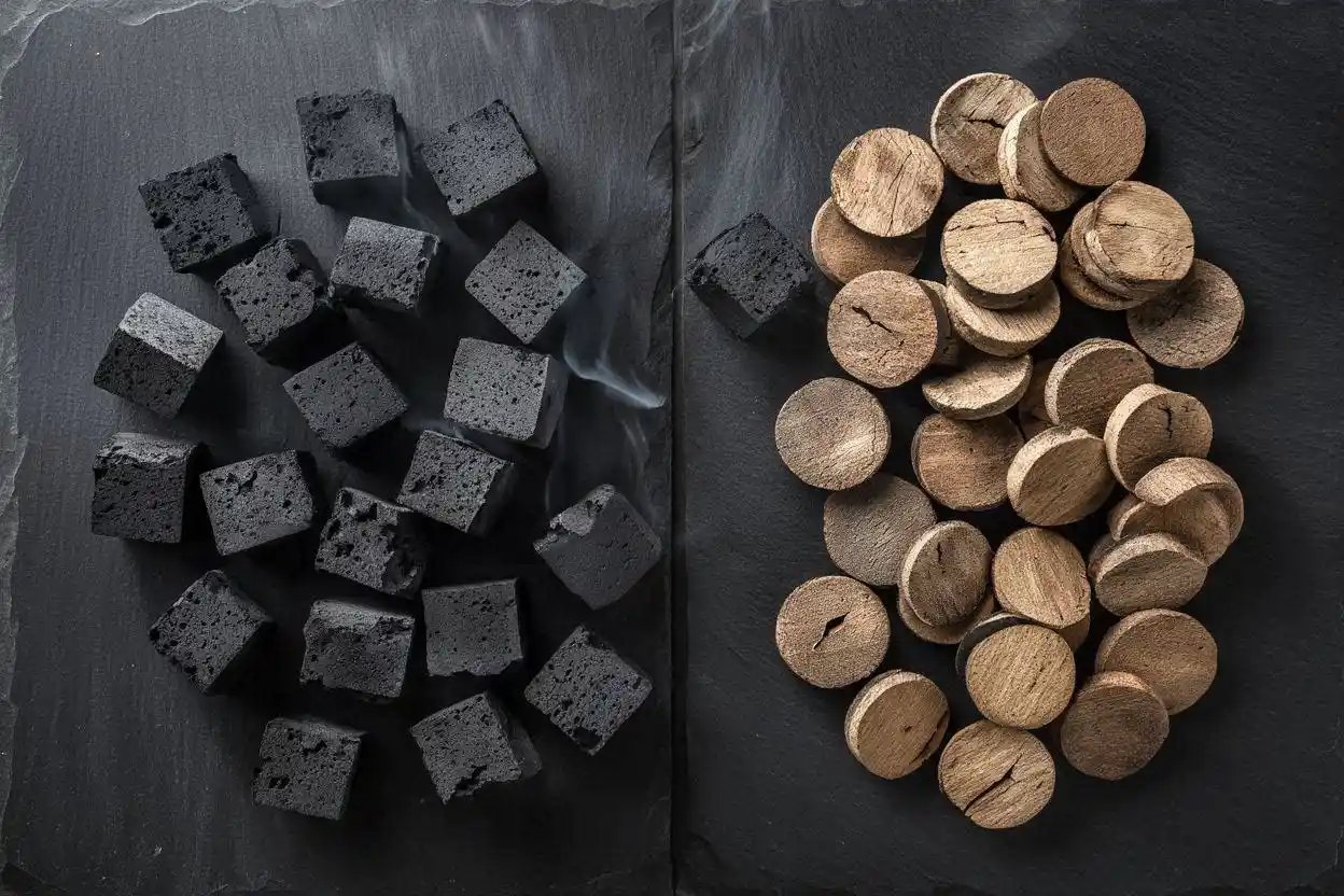 Coconut shell charcoal cubes next to wood charcoal discs showing why coconut charcoal performs better for hookah