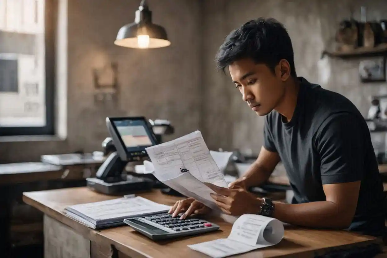 Pemilik usaha melakukan pengelolaan keuangan kasir usaha di toko modern