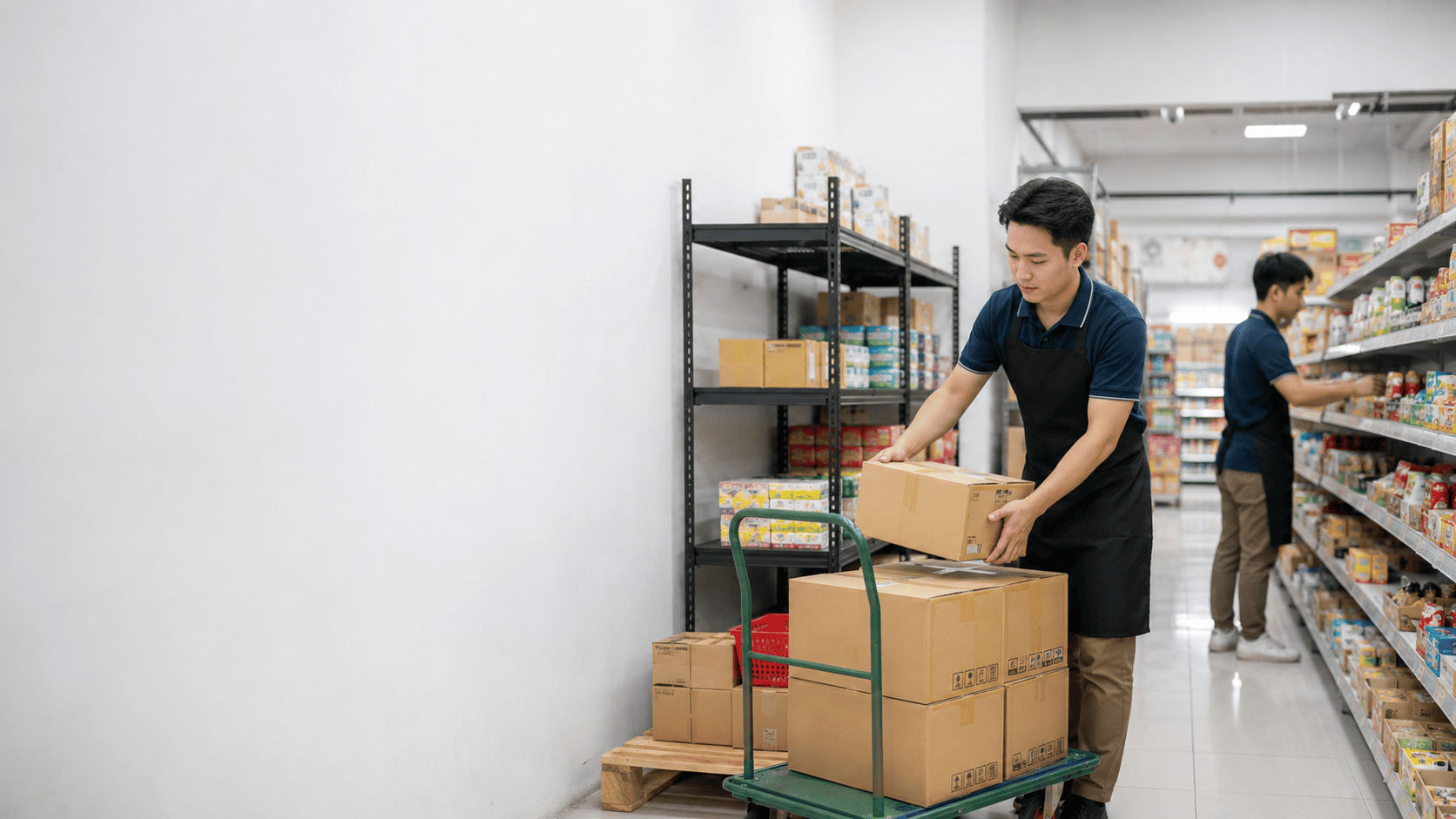 Pemilik minimarket memindahkan barang dari gudang ke area penjualan sebagai bagian dari pencatatan barang keluar agar stok tetap akurat.
